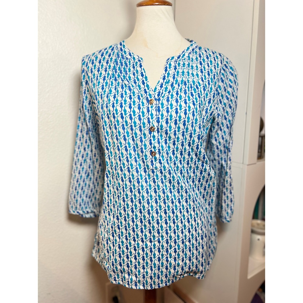 Talbots Womens Small Blue Seahorse Print Cotton Tunic Blouse 3/4 Sleeve BD2706